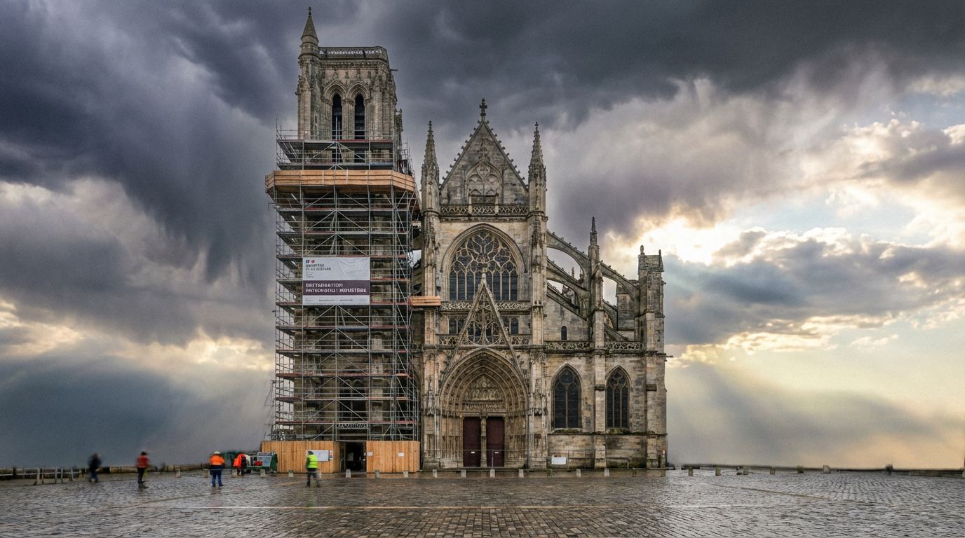 Façade de cathédrale française en restauration, patrimoine culturel