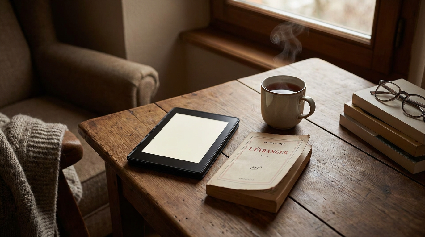 Liseuse et livre papier sur une table, lecture numérique en France