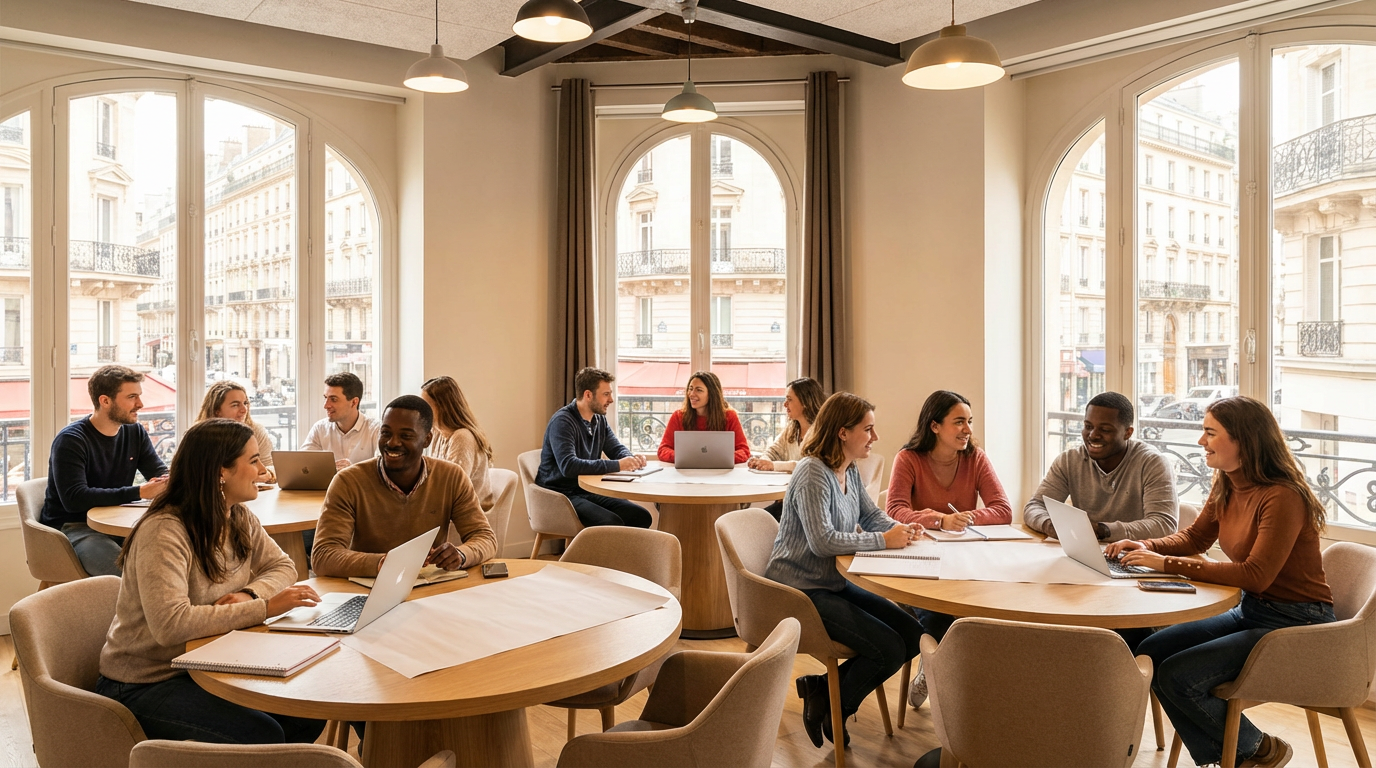 Salle de classe moderne en France, élèves en travail de groupe