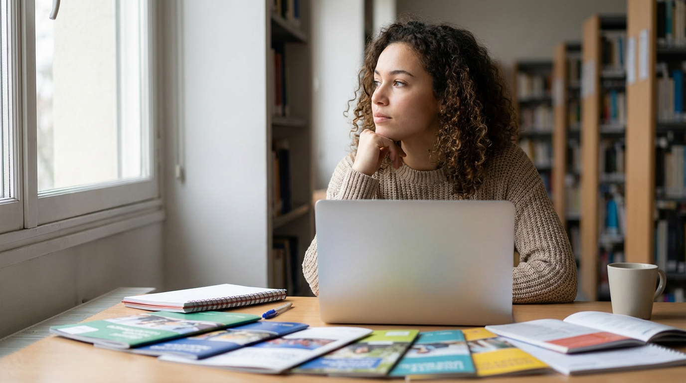 Étudiant consultant brochures et ordinateur pour choisir son orientation post-bac