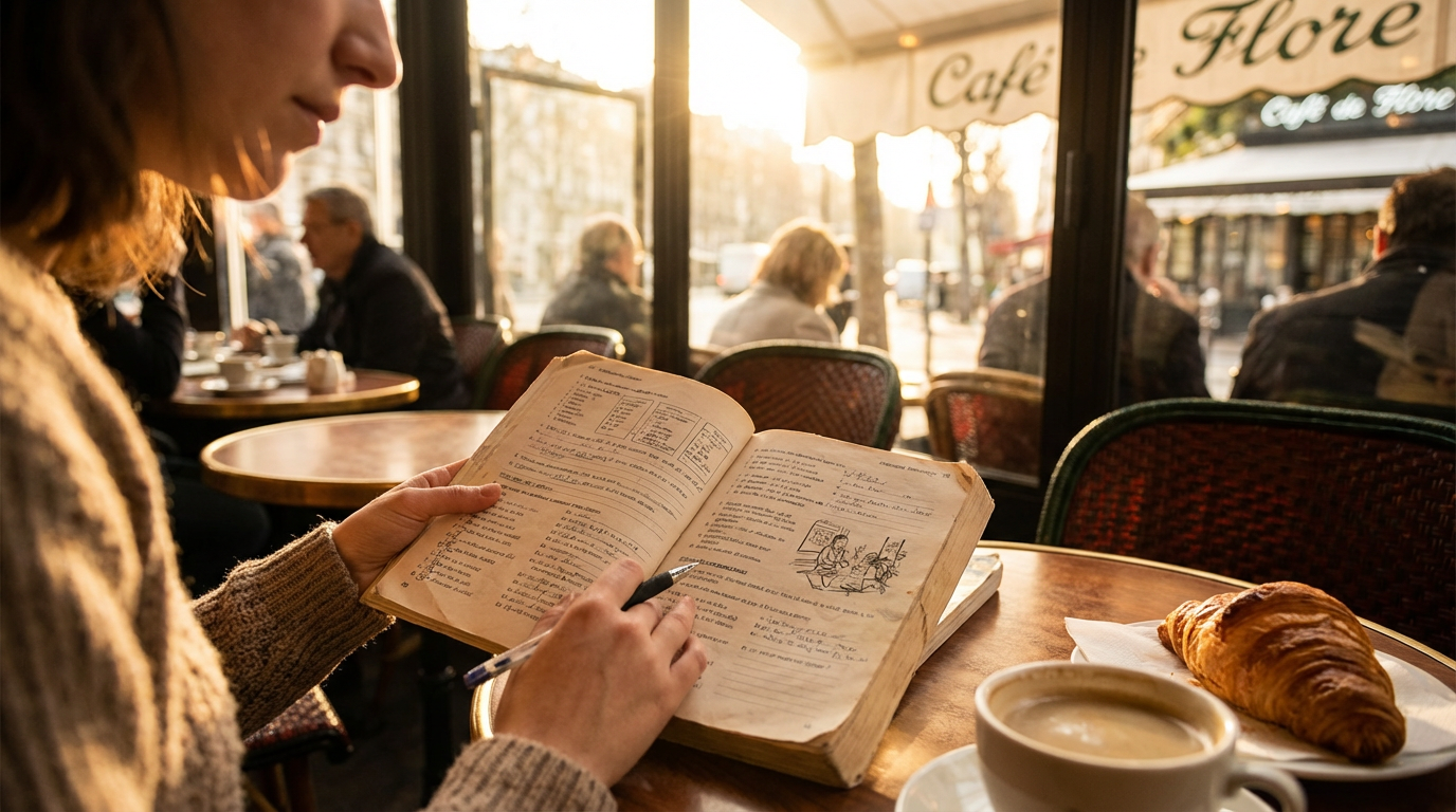 Adulte apprenant une langue étrangère dans un café avec livre et café